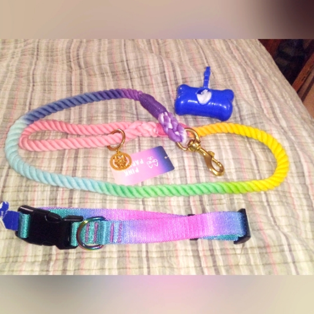 🐶DOG WALKING SET RAINBOW LEASH COLLAR POOH BAG HOLDER BIG DOG